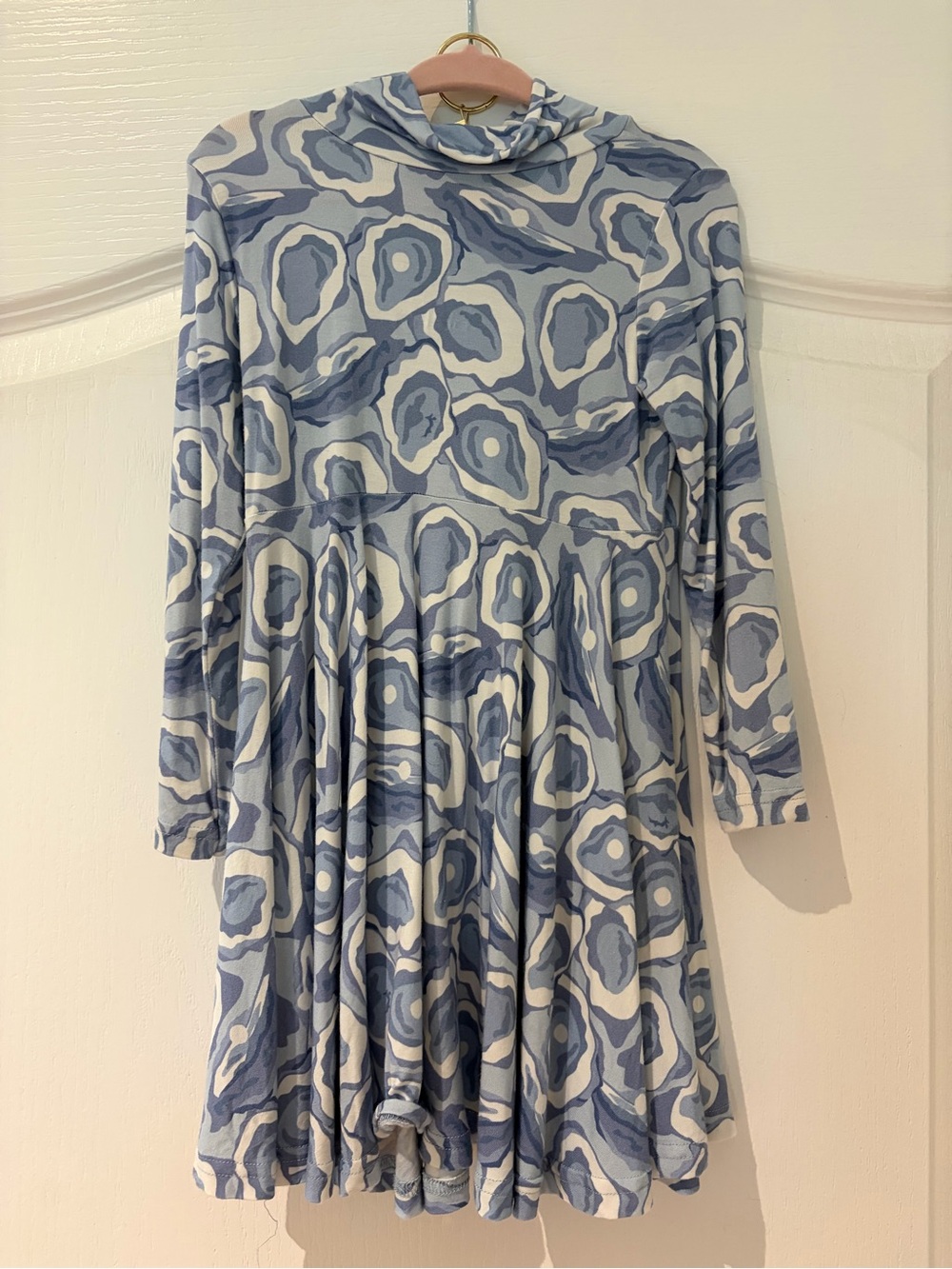 Blue and White Oyster Print Long Sleeve Bamboo Dress
